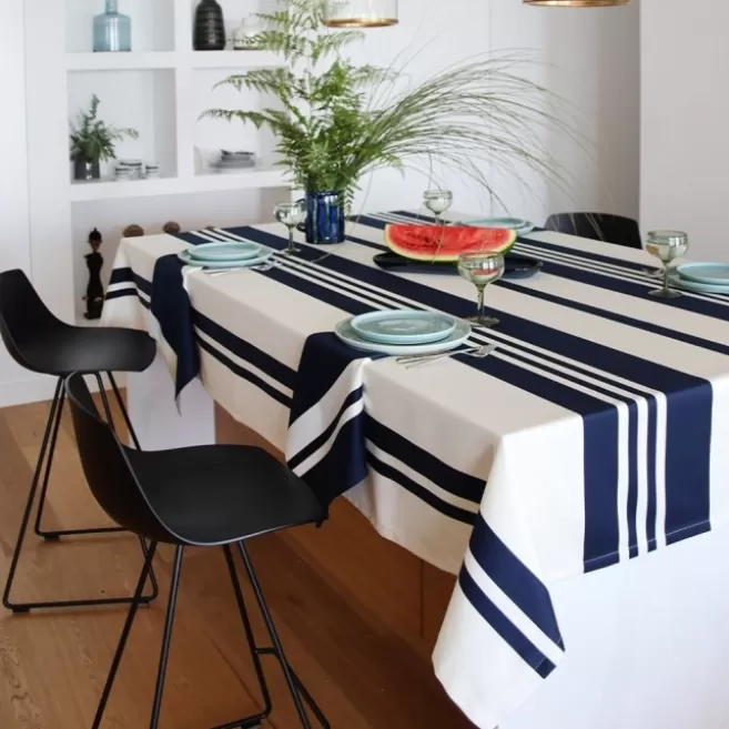 Cheap Maison Jean-Vier Nappe en coton bleu foncé et blanche à rayures PampeluneBleuencre